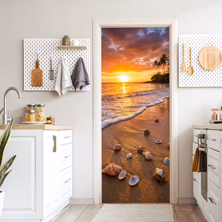 Strand - Zonsondergang - Palmbomen - Natuur - Oranje deurposter klein -sfeer5