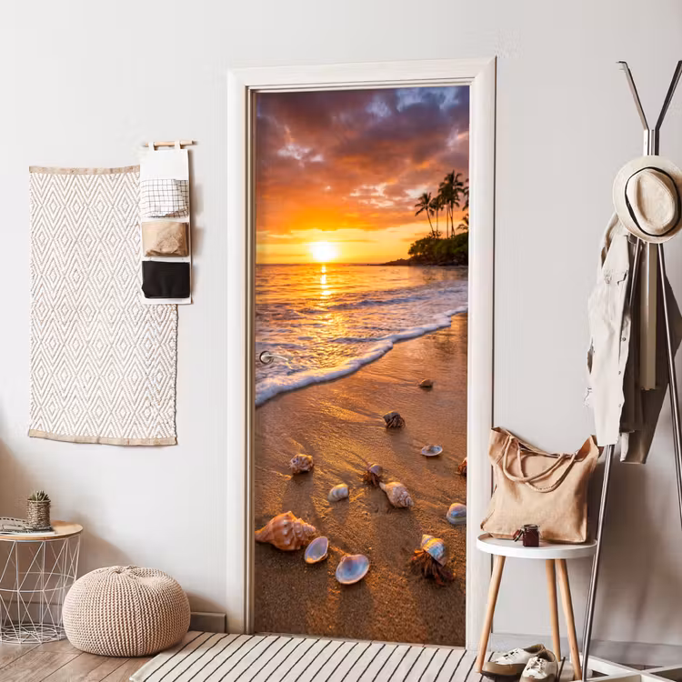 Strand - Zonsondergang - Palmbomen - Natuur - Oranje deurposter klein -sfeer6