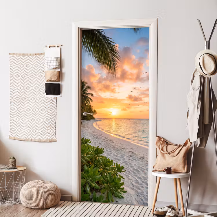 Strand - Zonsondergang - Palmbomen - Tropisch - Natuur deurposter klein -sfeer6
