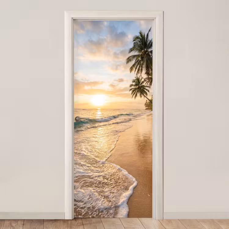 Strand - Zonsondergang - Tropisch - Natuur - Goud deurposter klein -3d_beige