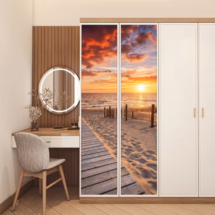 Strand - Zonsondergang - Zee - Natuur - Oranje deurposter klein -sfeer3