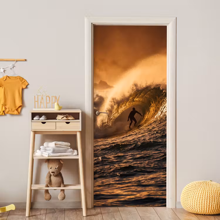 Surfer - Golf - Oceaan - Sport - Oranje deurposter klein -sfeer4
