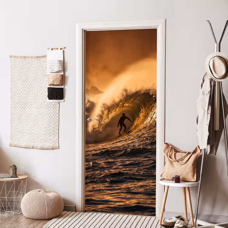 Surfer - Golf - Oceaan - Sport - Oranje deurposter klein -sfeer6