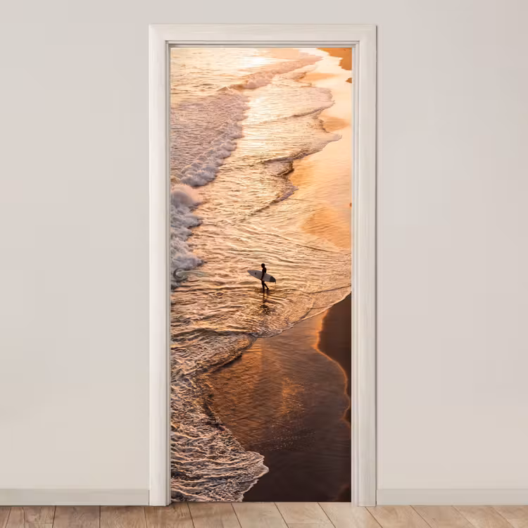 Surfer - Strand - Zonsondergang - Oceaan - Goud deurposter klein -3d_beige