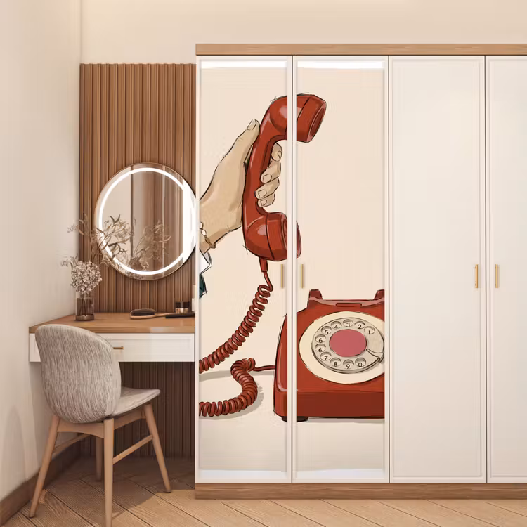 Telefoon - Hand - Vintage - Communicatie - Rood deurposter klein -sfeer3