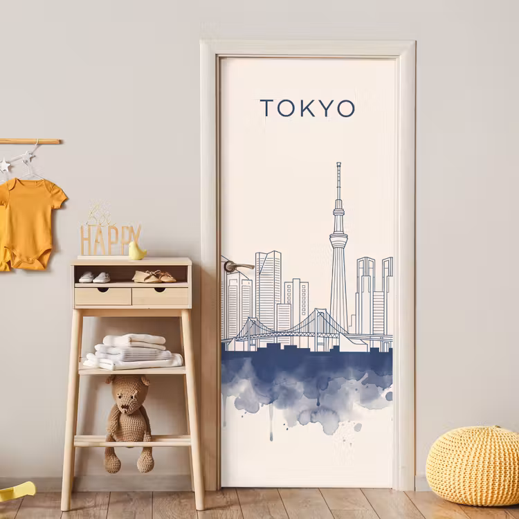 Tokyo - Skyline - Stad - Abstract - Blauw deurposter klein -sfeer4