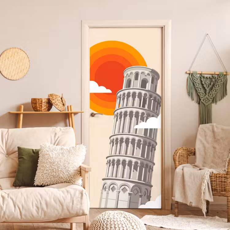 Toren - Pisa - Architectuur - Minimalistisch - Beige deurposter klein -sfeer2