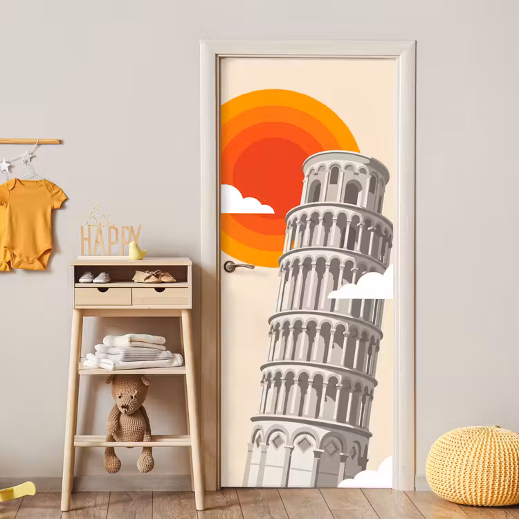 Toren - Pisa - Architectuur - Minimalistisch - Beige deurposter klein -sfeer4