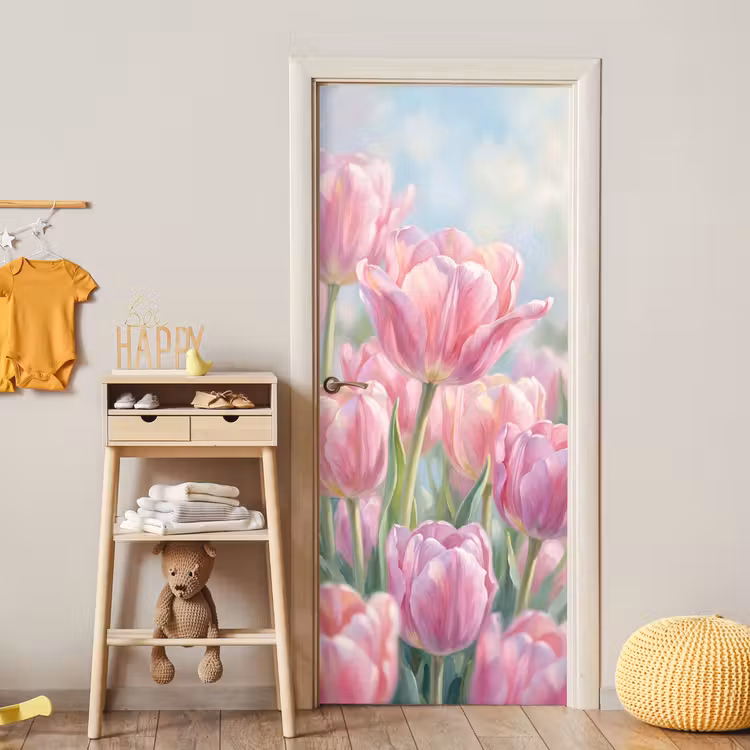 Tulpen - Veld - Lente - Roze deurposter klein -sfeer4