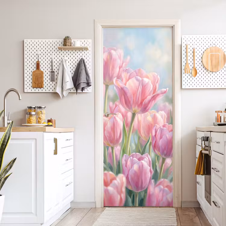 Tulpen - Veld - Lente - Roze deurposter klein -sfeer5
