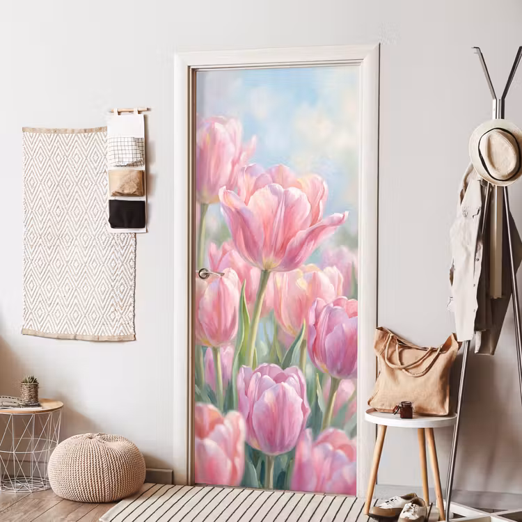 Tulpen - Veld - Lente - Roze deurposter klein -sfeer6