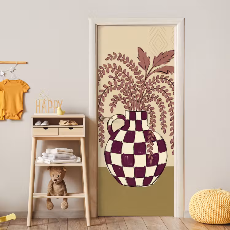 Vaas - Geruit - Planten - Modern - Paars deurposter klein -sfeer4