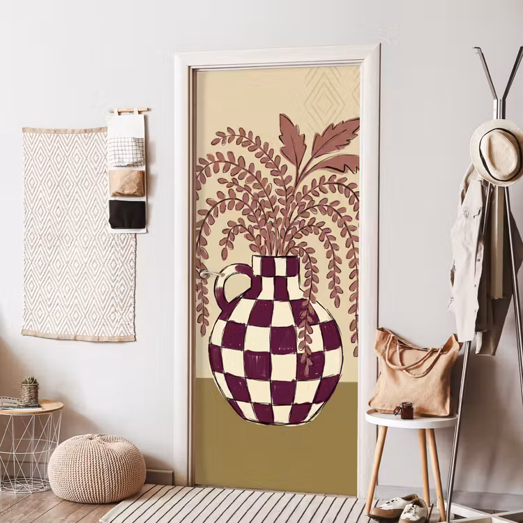 Vaas - Geruit - Planten - Modern - Paars deurposter klein -sfeer6
