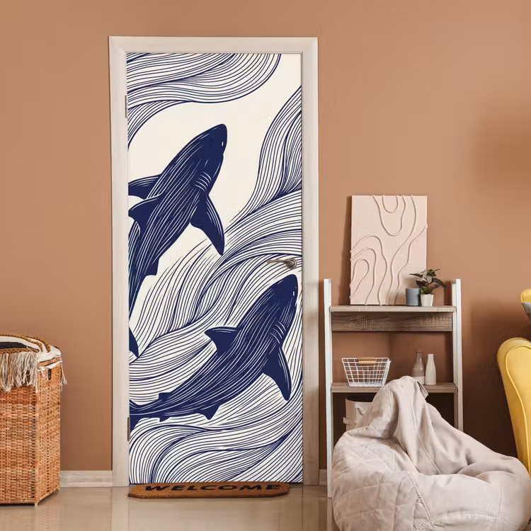 Vis - Oceaan - Lijntekening - Blauw - Dieren deurposter klein -sfeer1