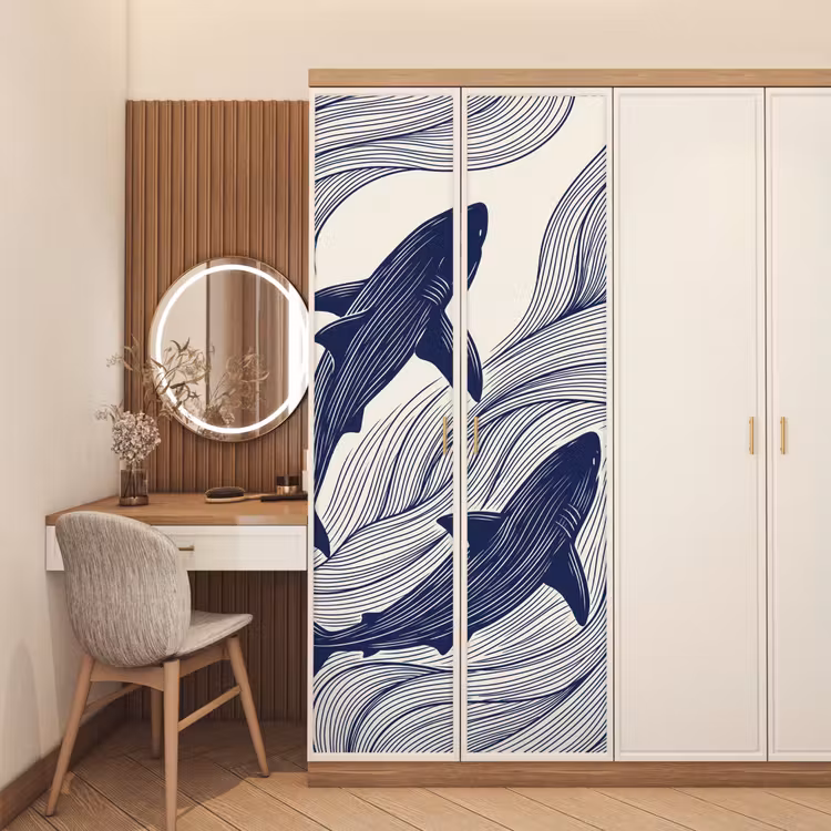 Vis - Oceaan - Lijntekening - Blauw - Dieren deurposter klein -sfeer3