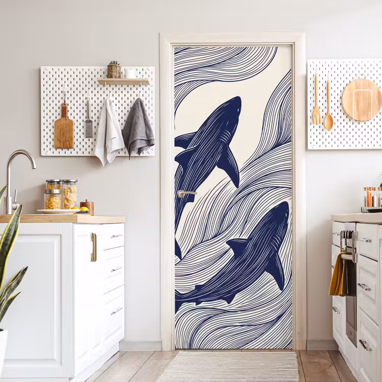 Vis - Oceaan - Lijntekening - Blauw - Dieren deurposter klein -sfeer5