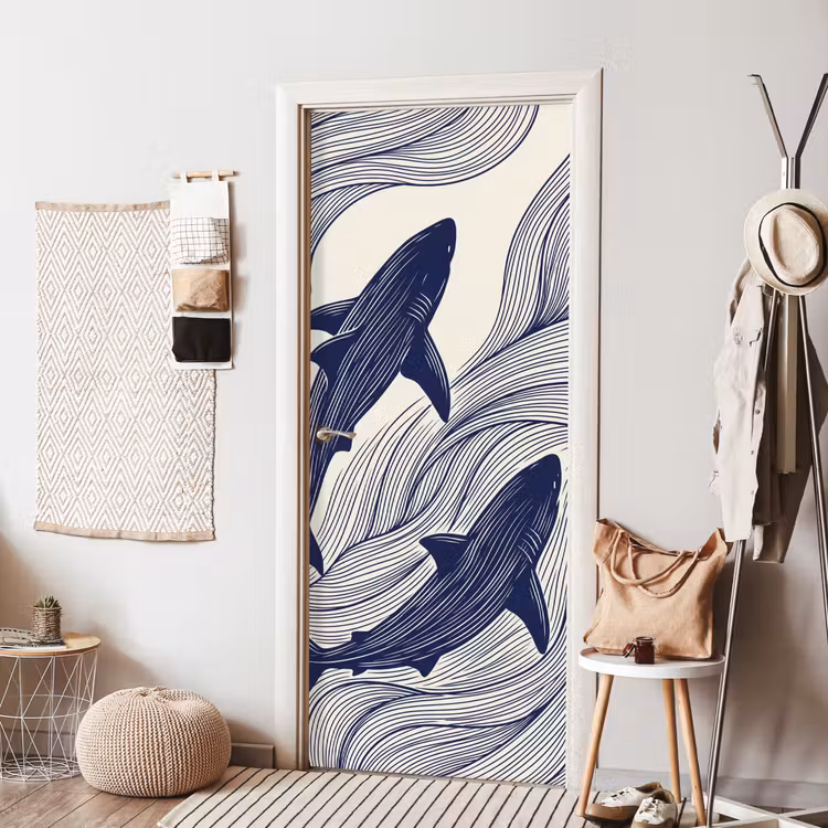 Vis - Oceaan - Lijntekening - Blauw - Dieren deurposter klein -sfeer6