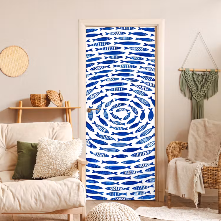 Vis - Patroon - Onderwater - Abstract - Blauw deurposter klein -sfeer2