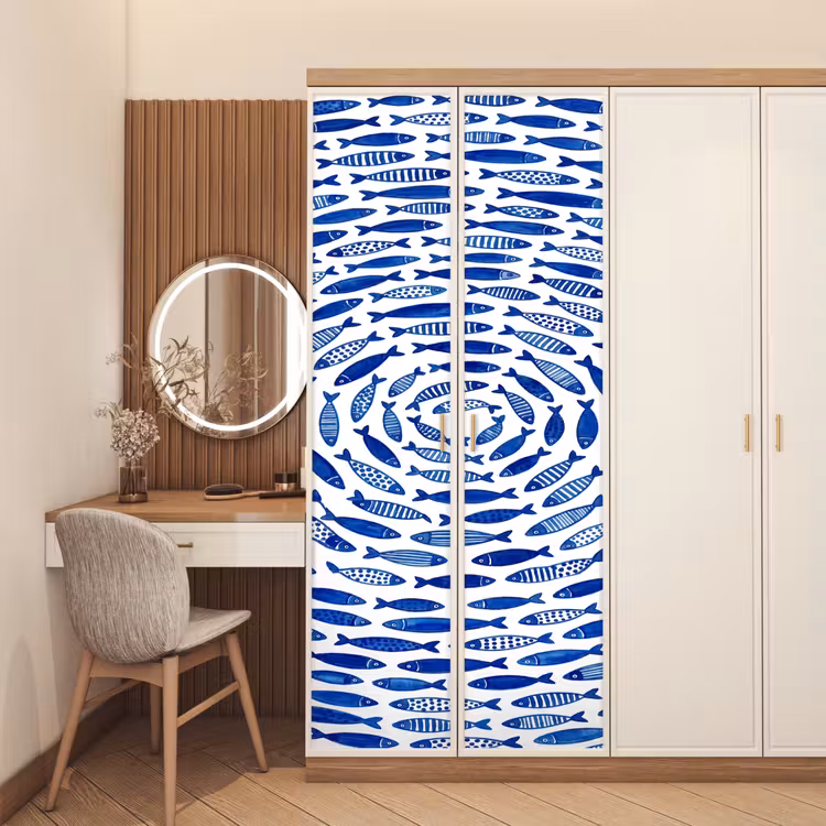 Vis - Patroon - Onderwater - Abstract - Blauw deurposter klein -sfeer3