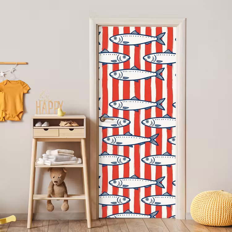 Vis - Patroon - Strepen - Illustratie - Rood deurposter klein -sfeer4