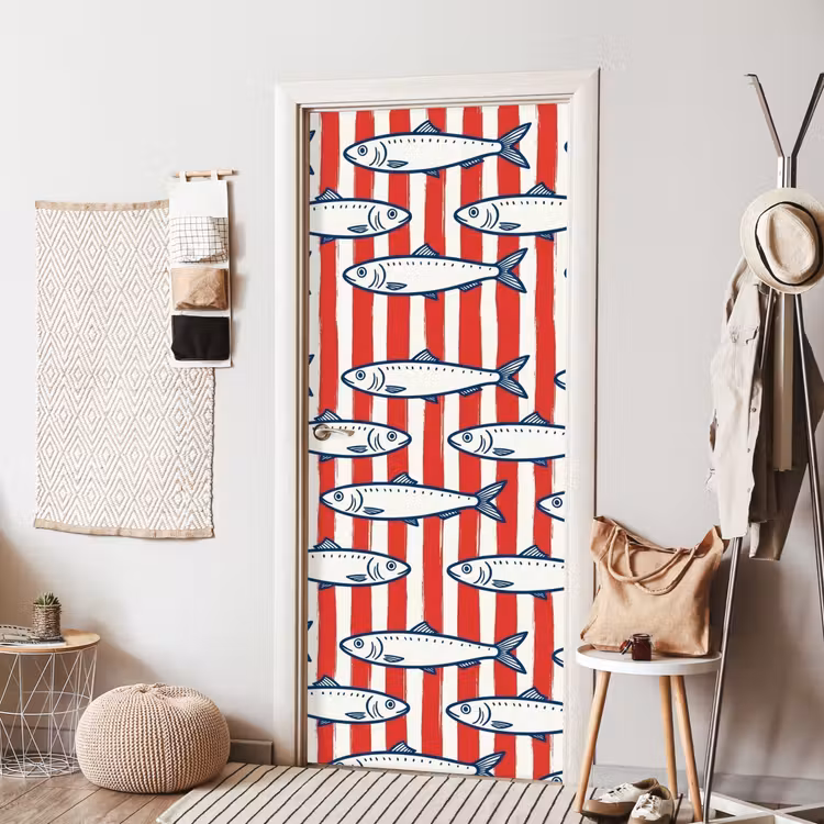 Vis - Patroon - Strepen - Illustratie - Rood deurposter klein -sfeer6