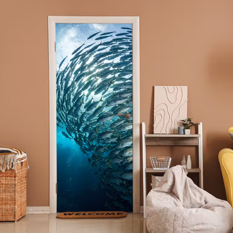 Vis - School - Oceaan - Natuur - Blauw deurposter klein -sfeer1