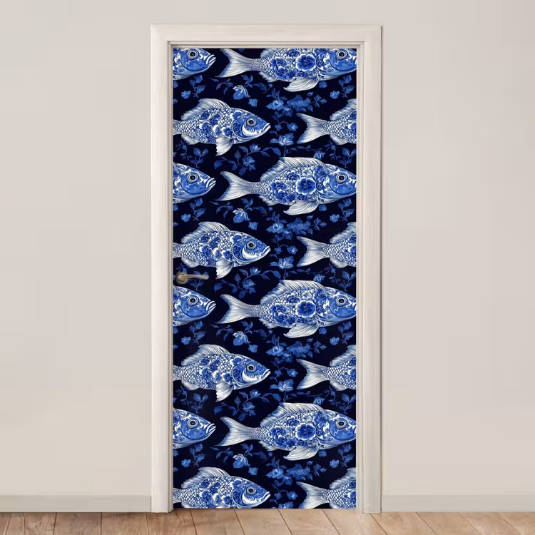 Vissen - Bloemen - Blauw deurposter klein 289 -3d_beige