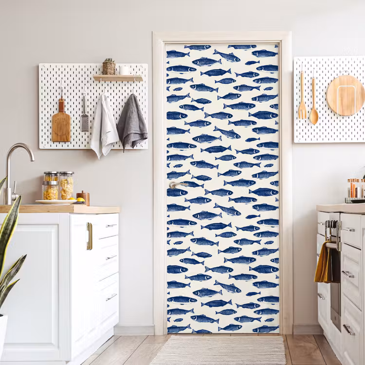 Vissen - Patroon - Blauw - Wit deurposter klein 289 -sfeer5