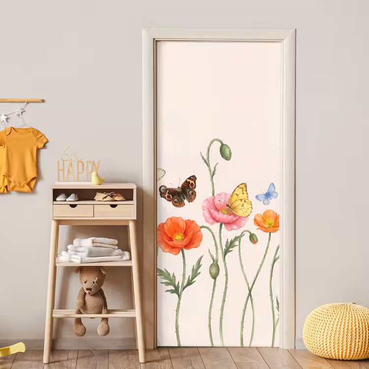 Vlinders - Klaprozen - Illustratie - Kleurrijk deurposter klein -sfeer4