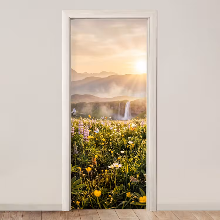 Vlinders - Waterval - Bloemenveld deurposter klein -3d_beige