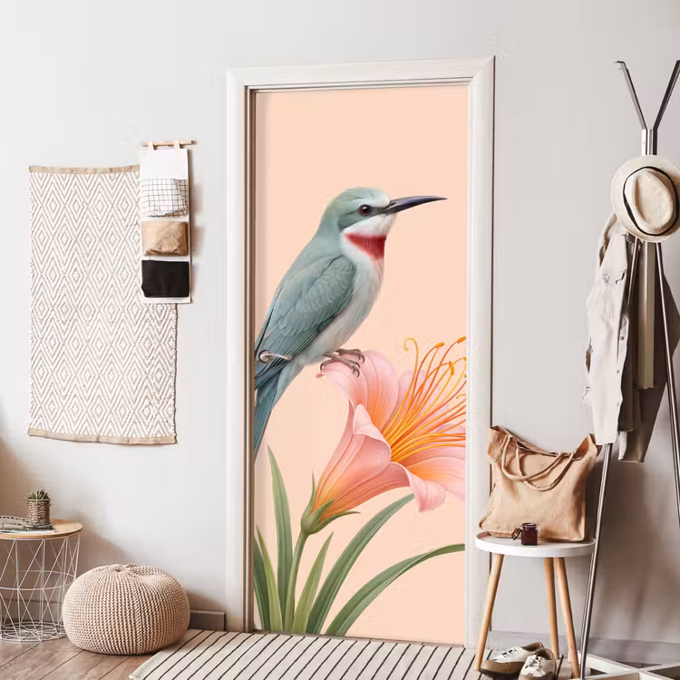 Vogel - Bloem - Natuur - Roze deurposter klein -sfeer6