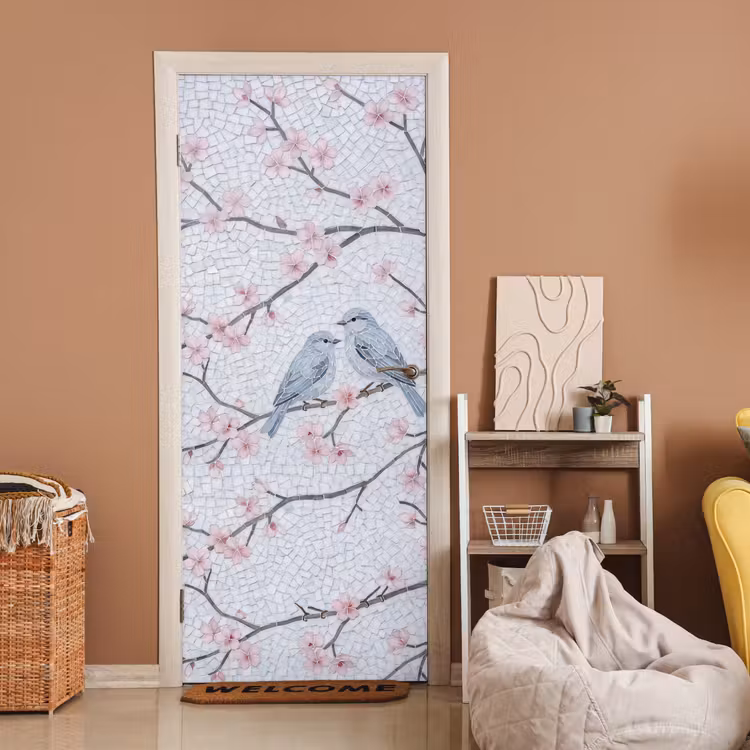 Vogel - Bloemen - Natuur - Mozaïek - Roze deurposter klein -sfeer1