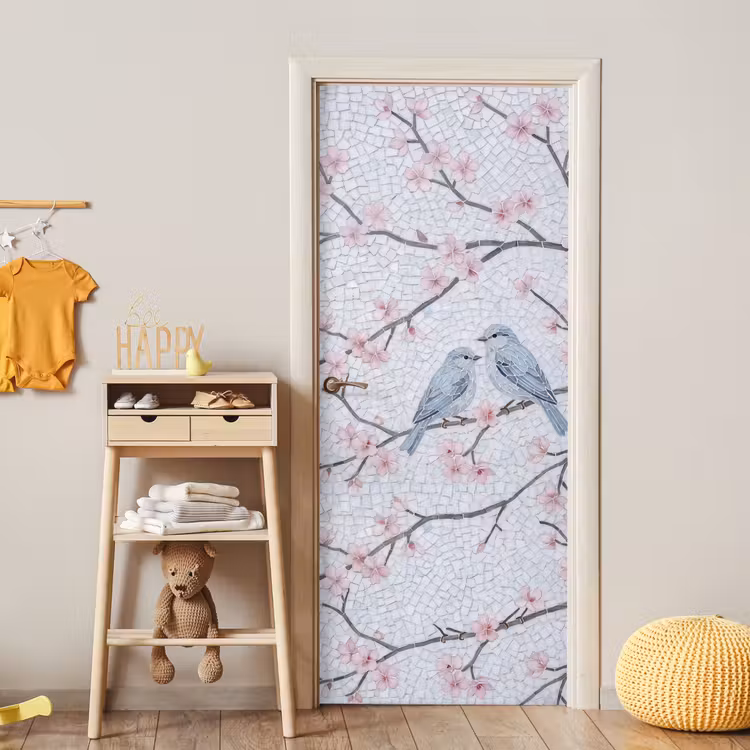 Vogel - Bloemen - Natuur - Mozaïek - Roze deurposter klein -sfeer4