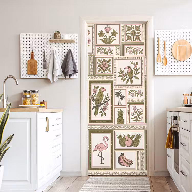 Vogel - Tropisch - Patroon - Decoratief - Groen deurposter klein -sfeer5