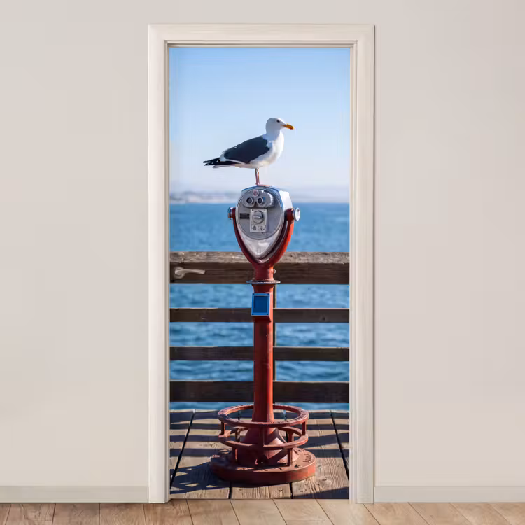 Vogel - Verrekijker - Kust - Zee - Blauw deurposter klein -3d_beige