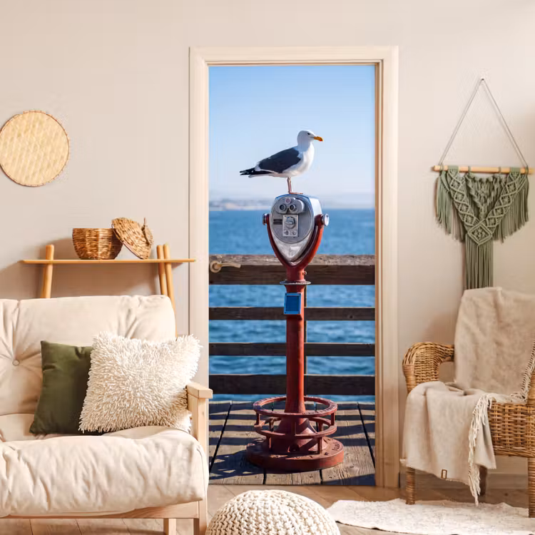 Vogel - Verrekijker - Kust - Zee - Blauw deurposter klein -sfeer2