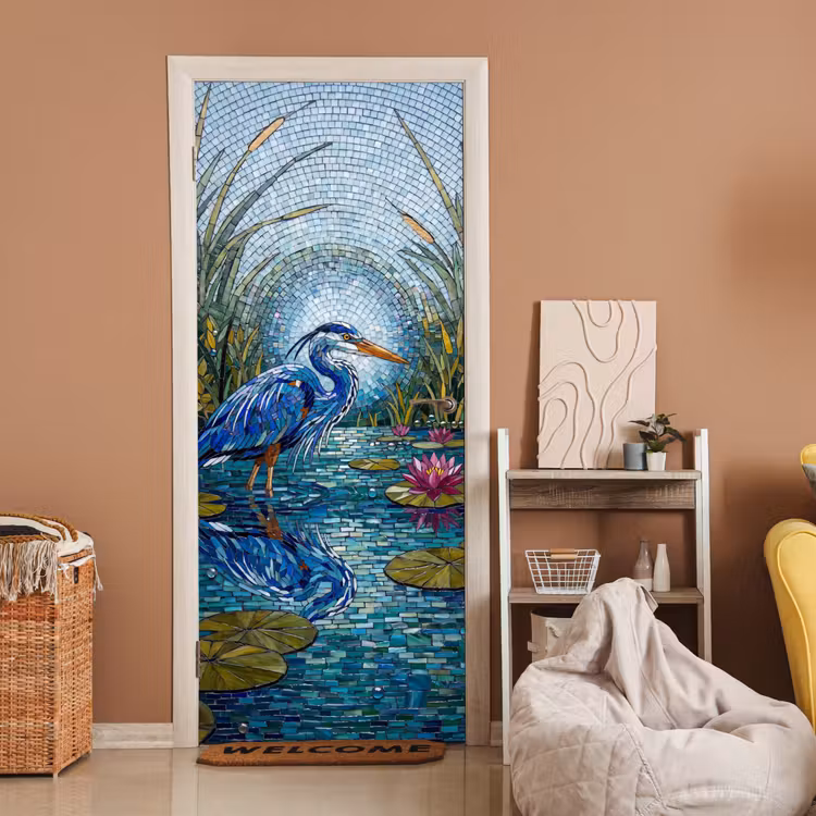 Vogel - Water - Natuur - Abstract - Blauw deurposter klein -sfeer1