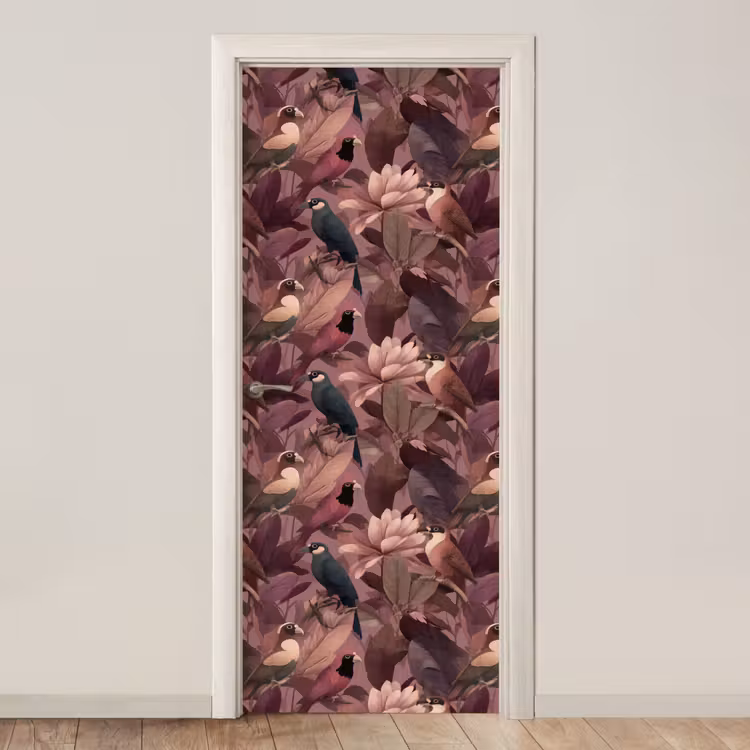 Vogels - Bladeren - Roze deurposter klein 289 -3d_beige
