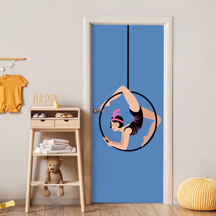 Vrouw - Aerial hoop - Art deco - Illustratie - Blauw deurposter klein -sfeer4
