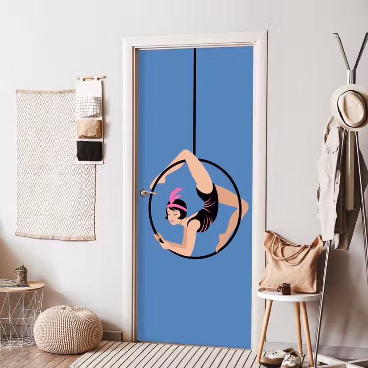 Vrouw - Aerial hoop - Art deco - Illustratie - Blauw deurposter klein -sfeer6