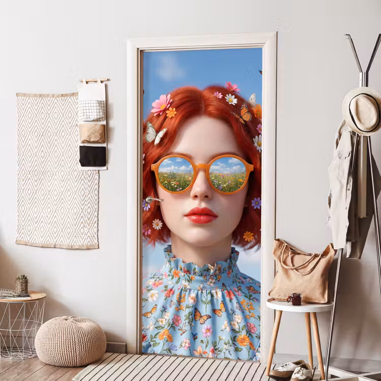Vrouw - Bloemen - Zomer - Portret - Kleurrijk deurposter klein -sfeer6