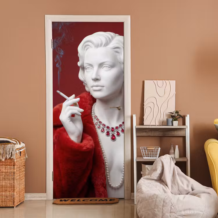Vrouw - Bontjas - Mode - Klassiek - Rood deurposter klein -sfeer1