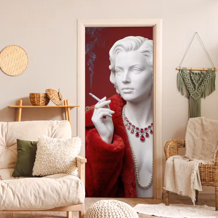 Vrouw - Bontjas - Mode - Klassiek - Rood deurposter klein -sfeer2