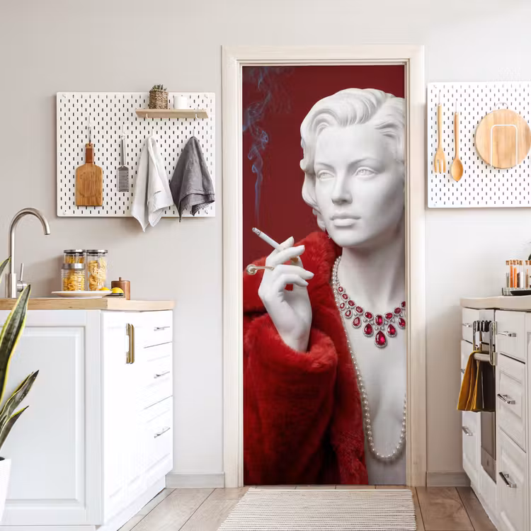 Vrouw - Bontjas - Mode - Klassiek - Rood deurposter klein -sfeer5