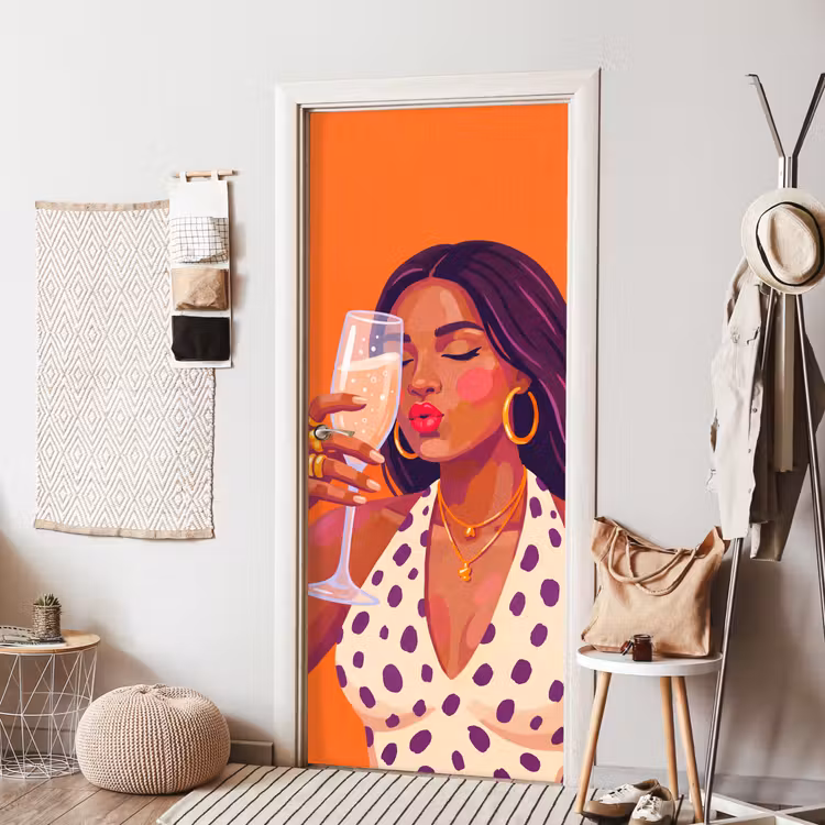Vrouw - Champagne - Feest - Modern - Oranje deurposter klein -sfeer6
