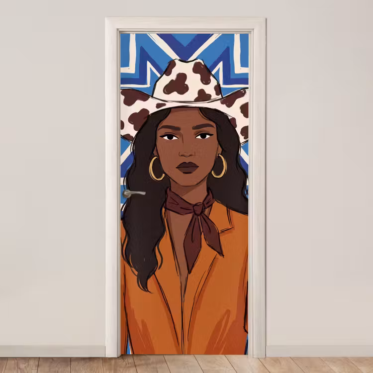 Vrouw - Cowboyhoed - Portret - Modern - Blauw deurposter klein -3d_beige