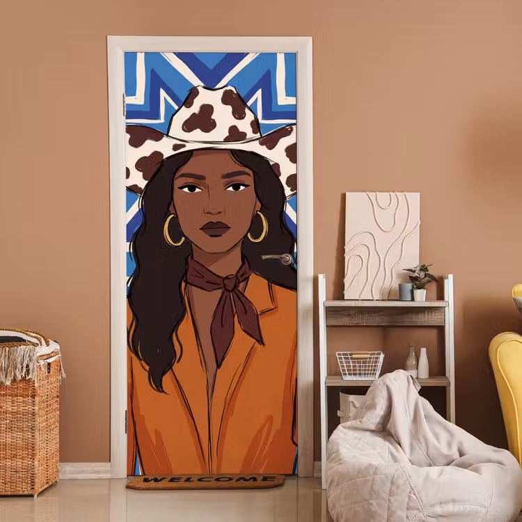 Vrouw - Cowboyhoed - Portret - Modern - Blauw deurposter klein -sfeer1