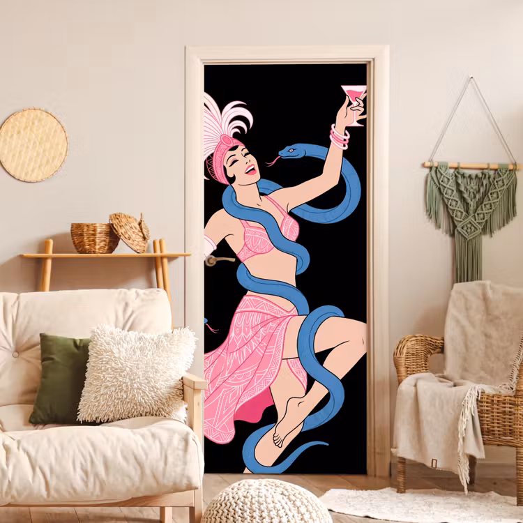 Vrouw - Danseres - Slangen - Art Deco - Roze deurposter klein -sfeer2