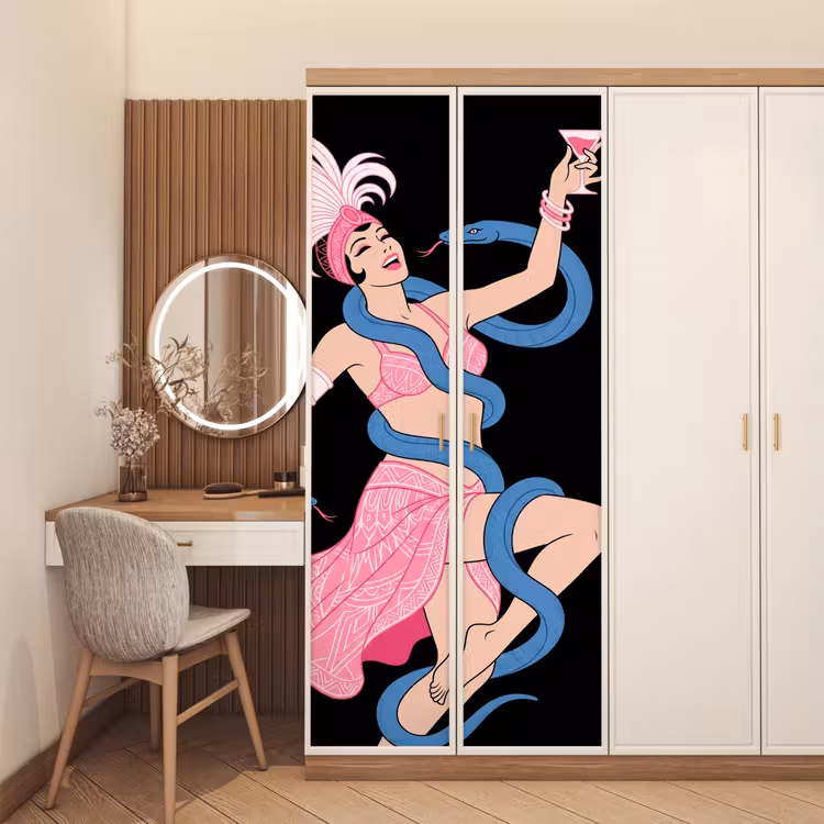 Vrouw - Danseres - Slangen - Art Deco - Roze deurposter klein -sfeer3