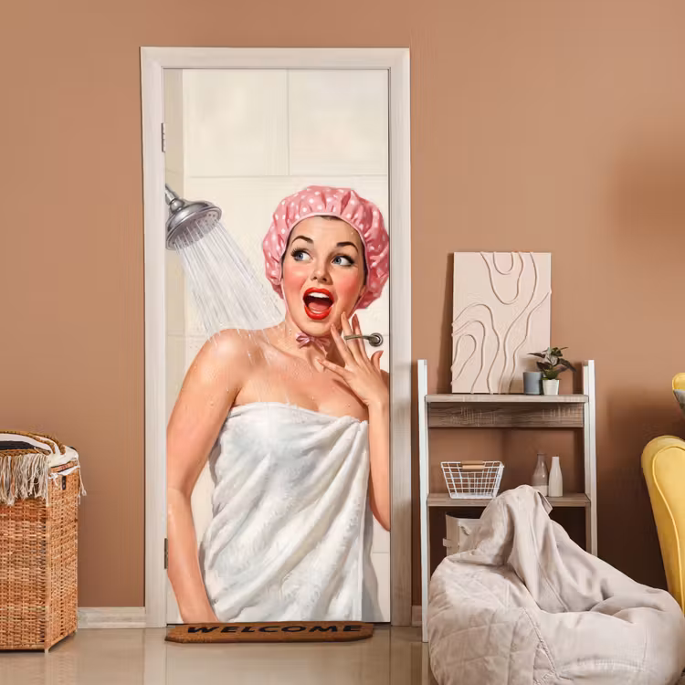 Vrouw - Douche - Roze deurposter klein -sfeer1